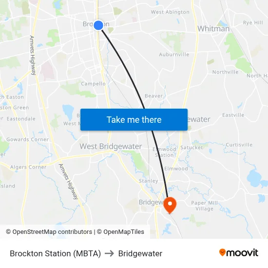 Brockton Station (MBTA) to Bridgewater map