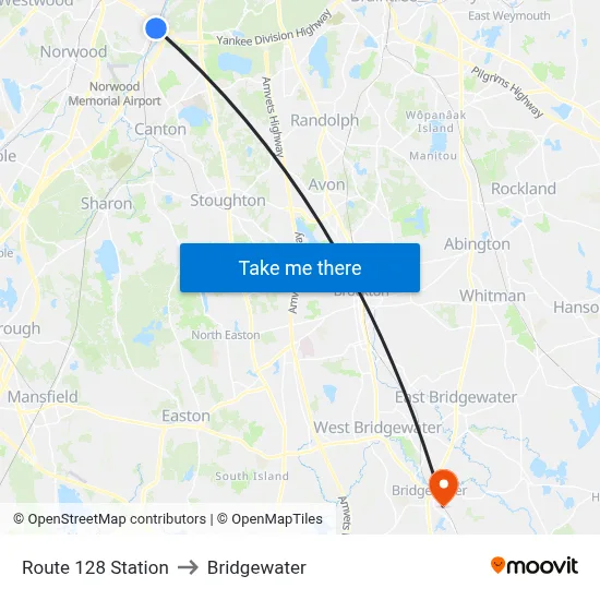 Route 128 Station to Bridgewater map