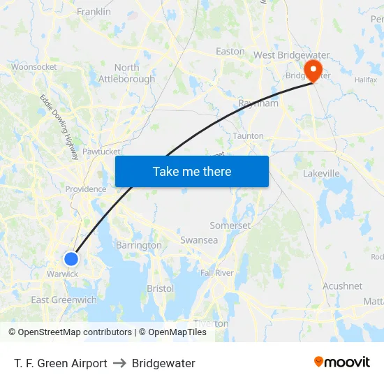 T. F. Green Airport to Bridgewater map