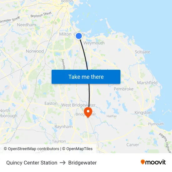 Quincy Center Station to Bridgewater map