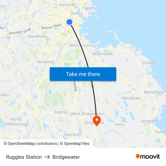 Ruggles Station to Bridgewater map