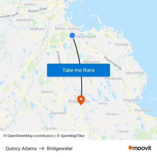 Quincy Adams to Bridgewater map