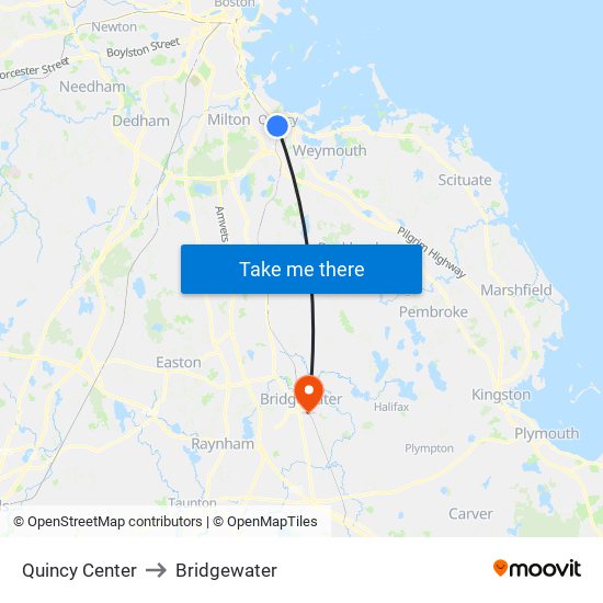 Quincy Center to Bridgewater map