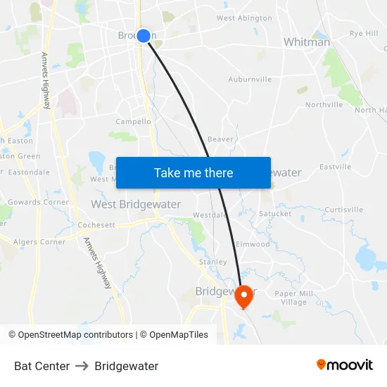 Bat Center to Bridgewater map