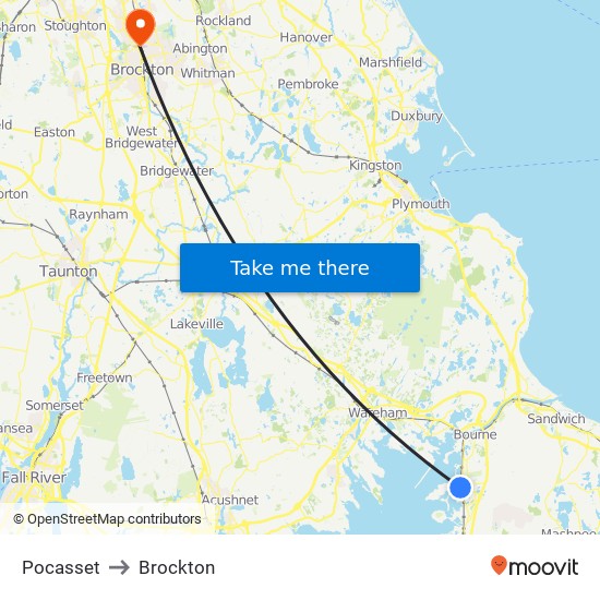 Pocasset to Brockton map