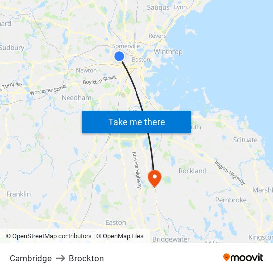 Cambridge to Brockton map