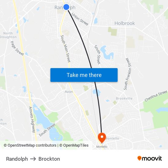 Randolph to Brockton map