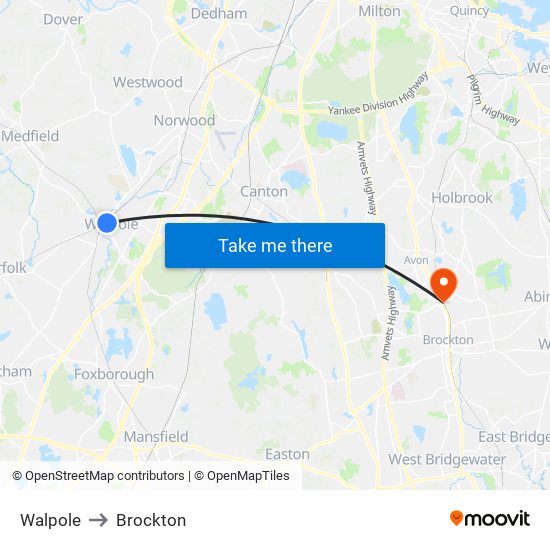 Walpole to Brockton map