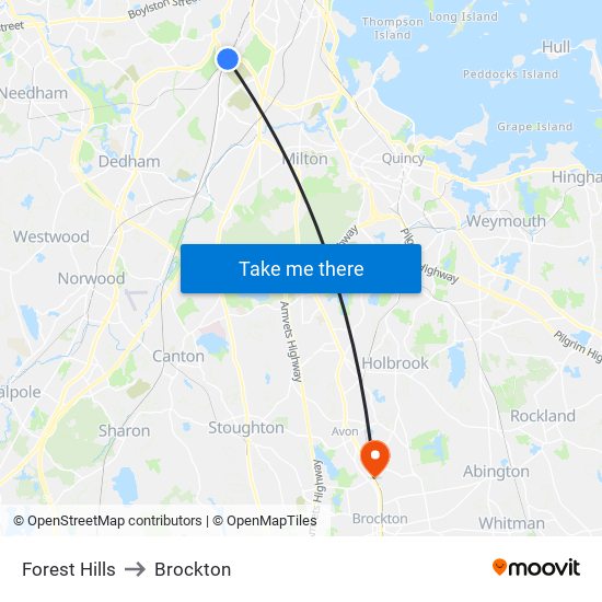 Forest Hills to Brockton map