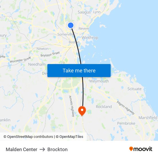 Malden Center to Brockton map