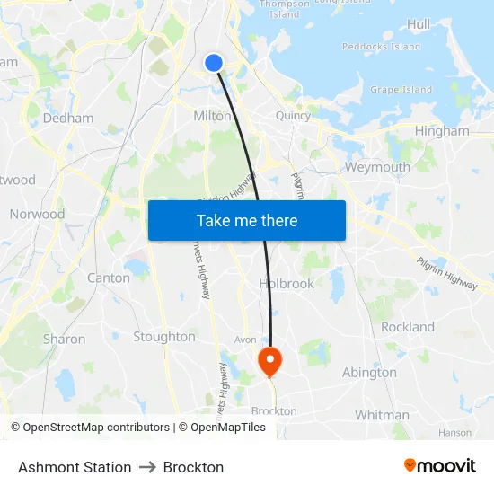 Ashmont Station to Brockton map