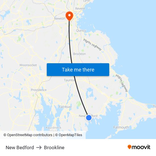 New Bedford to Brookline map