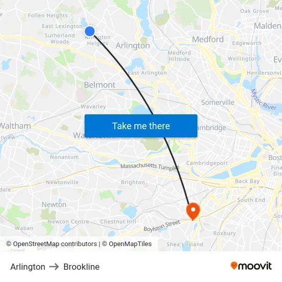Arlington to Brookline map