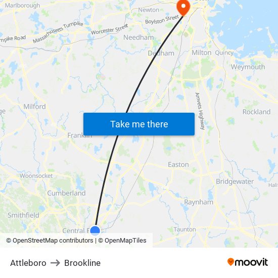 Attleboro to Brookline map