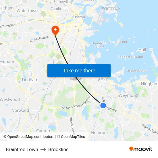 Braintree Town to Brookline map