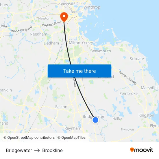 Bridgewater to Brookline map
