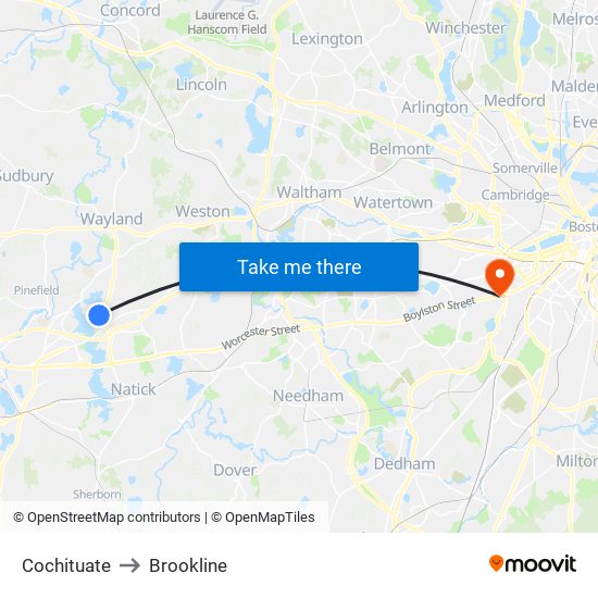 Cochituate to Brookline map