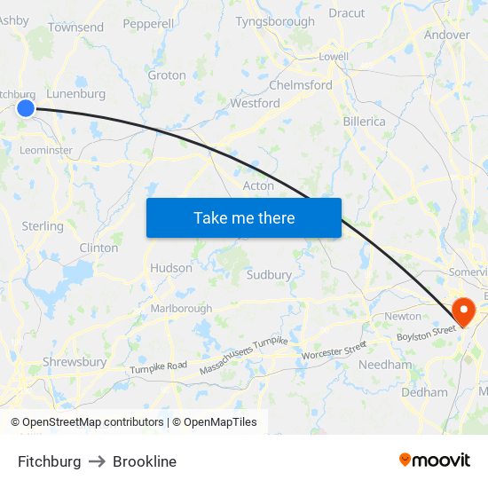 Fitchburg to Brookline map