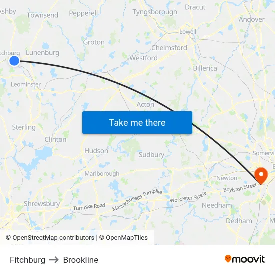 Fitchburg to Brookline map
