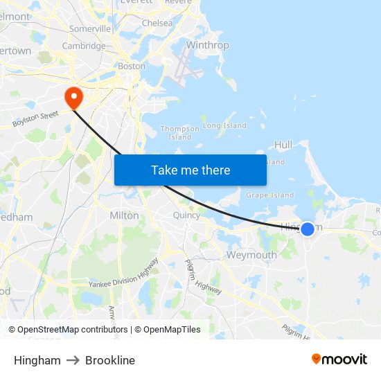 Hingham to Brookline map