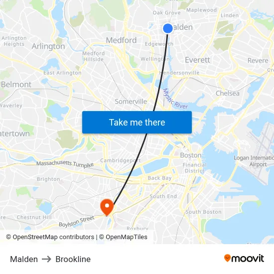 Malden to Brookline map