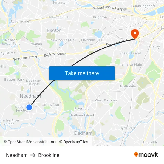 Needham to Brookline map