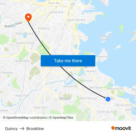 Quincy to Brookline map