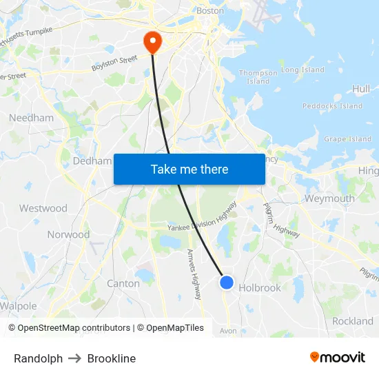 Randolph to Brookline map