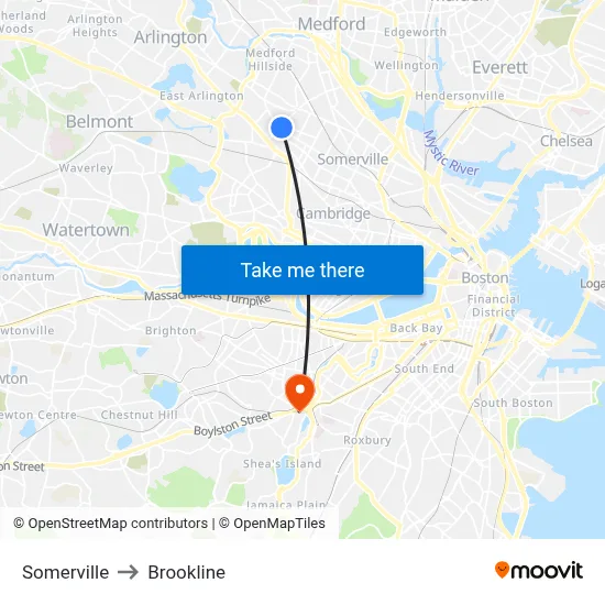 Somerville to Brookline map
