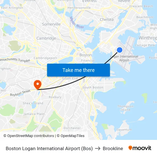 Boston Logan International Airport (Bos) to Brookline map