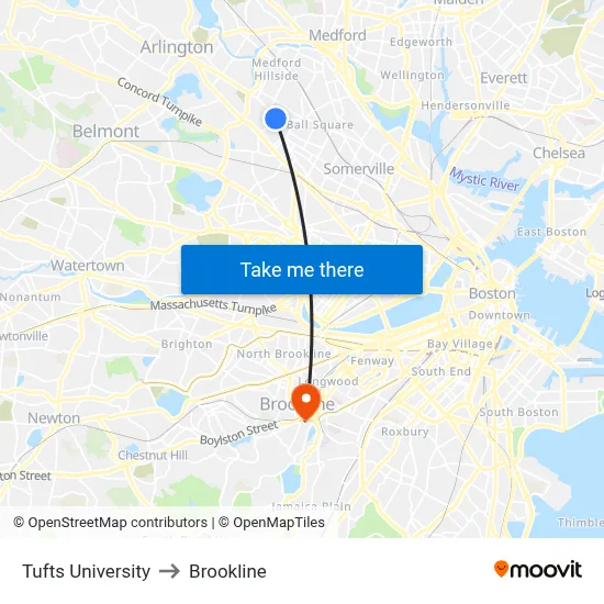 Tufts University to Brookline map