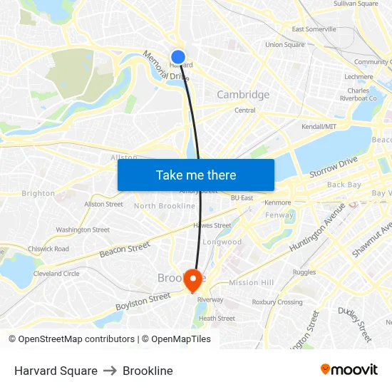 Harvard Square to Brookline map