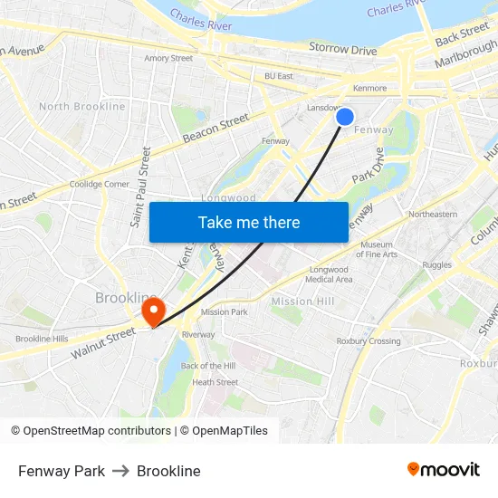 Fenway Park to Brookline map