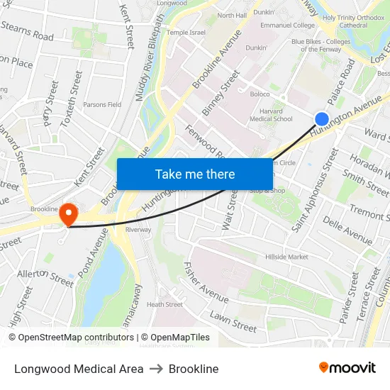 Longwood Medical Area to Brookline map
