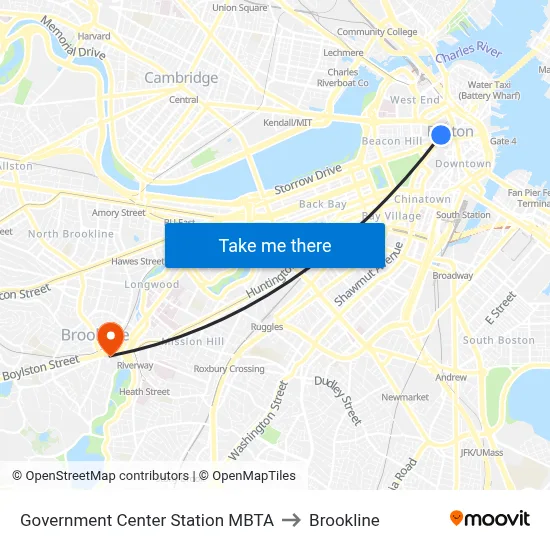 Government Center Station MBTA to Brookline map