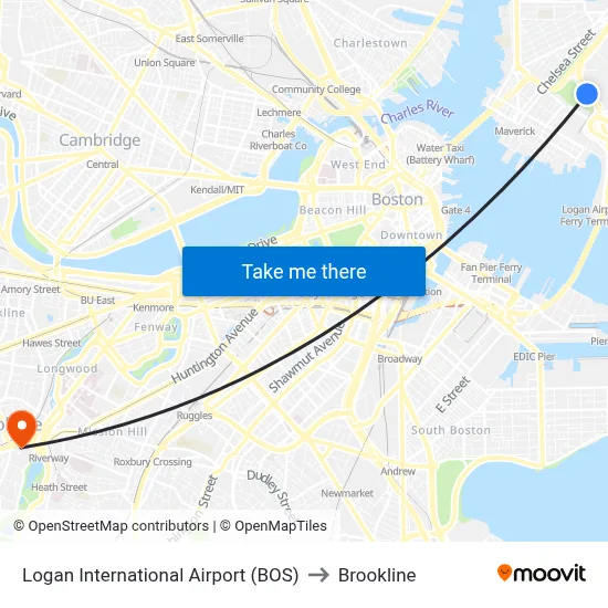 Logan International Airport (BOS) to Brookline map