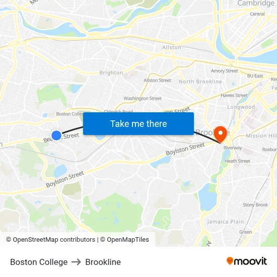 Boston College to Brookline map