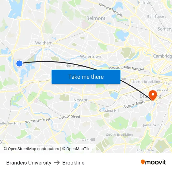 Brandeis University to Brookline map