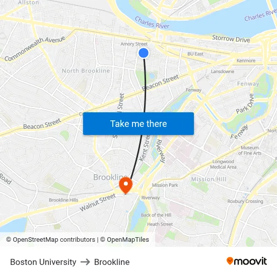 Boston University to Brookline map