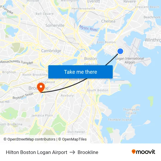 Hilton Boston Logan Airport to Brookline map