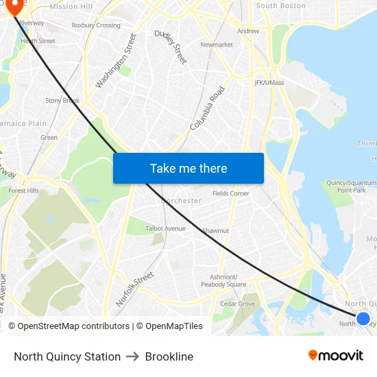 North Quincy Station to Brookline map
