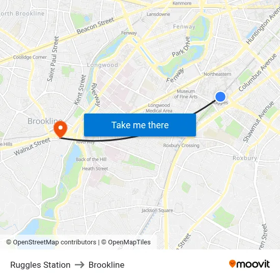Ruggles Station to Brookline map
