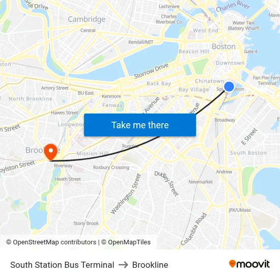 South Station Bus Terminal to Brookline map