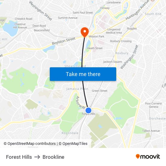 Forest Hills to Brookline map