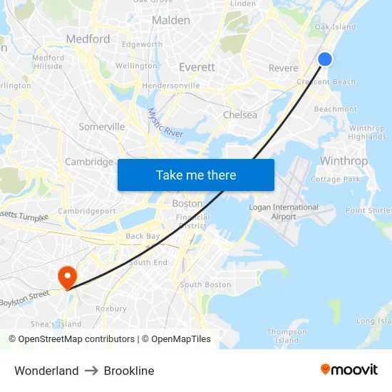 Wonderland to Brookline map