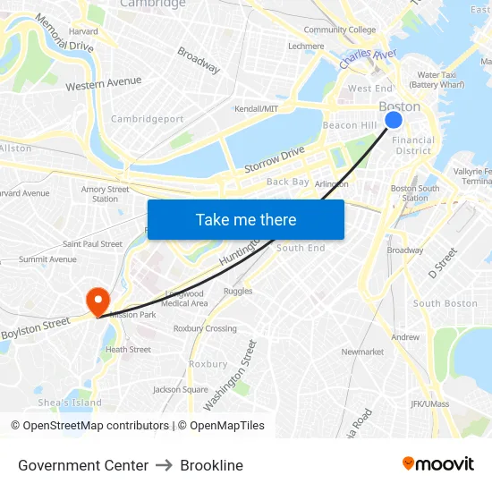 Government Center to Brookline map