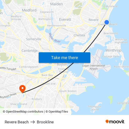 Revere Beach to Brookline map