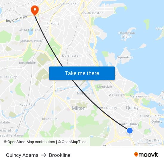 Quincy Adams to Brookline map