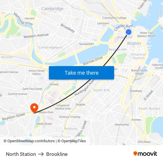 North Station to Brookline map