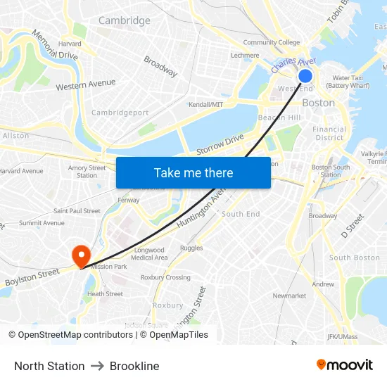 North Station to Brookline map